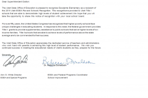 USOE Title I Recognition Escalante Elementary School Letter